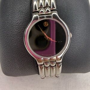 Movado Silver Bracelet Watch with Black Dial and Gold Dot